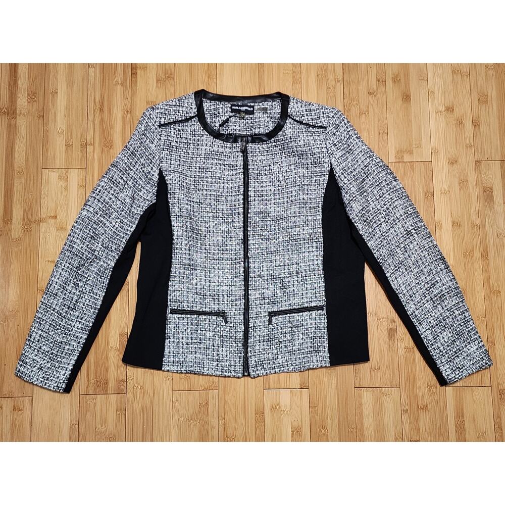Karl Lagerfeld Paris Women's 14 Gray Zip Front Tweed Jacket Blazer Cropped NWT